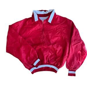 DELONG x VINTAGE Mens Womens Red White Varsity Sports Pullover Jacket 90s 80s L